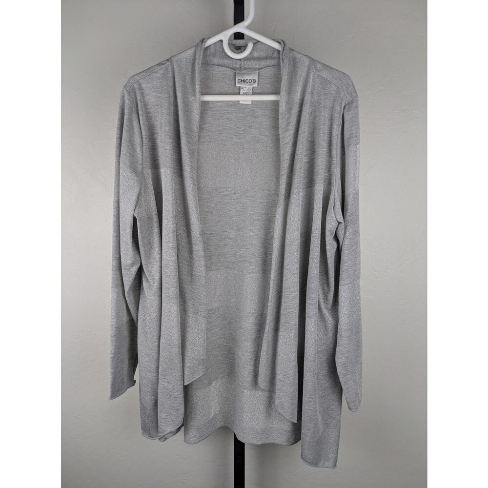 Chico's open front knit cardigan gray silver tonal stripes